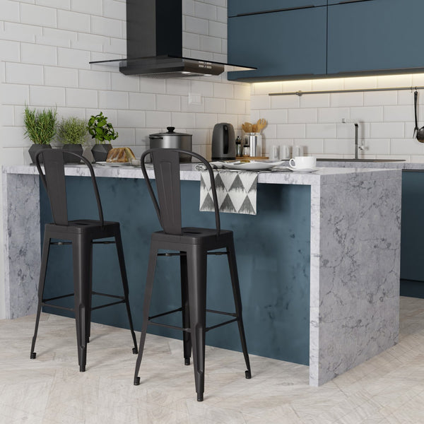 English Elm Fletcher 30" Industrial Metal Bar Stool Set Of 2 - Black Ergonomic Design For Bars & Kitchens B136P158662