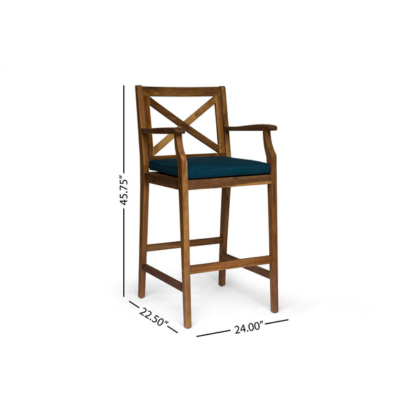 English Elm Christopher Knight Home® - PERLA Acacia Wood Outdoor Barstool Set of 2 with Water-Resistant Cushions, Cross-Back Farmhouse Charm Blue 63748.00BLU