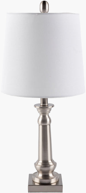 Surya New West Accent Table Lamp - 23" Elegant Metal Design With Linen Shade For Chic Home Ambiance Body, Metallic ,Nickel,Base, Metallic ,Nickel,Shade, White,Finial, Metallic ,Nickel,Harp, Metallic ,Nickel,Cord, Translucent Iron,Iron,Linen,Polyester,Iron Nws-001