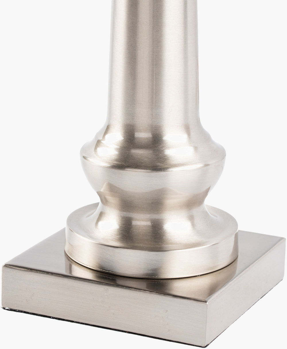 Surya New West Accent Table Lamp - 23" Elegant Metal Design With Linen Shade For Chic Home Ambiance Body, Metallic ,Nickel,Base, Metallic ,Nickel,Shade, White,Finial, Metallic ,Nickel,Harp, Metallic ,Nickel,Cord, Translucent Iron,Iron,Linen,Polyester,Iron Nws-001