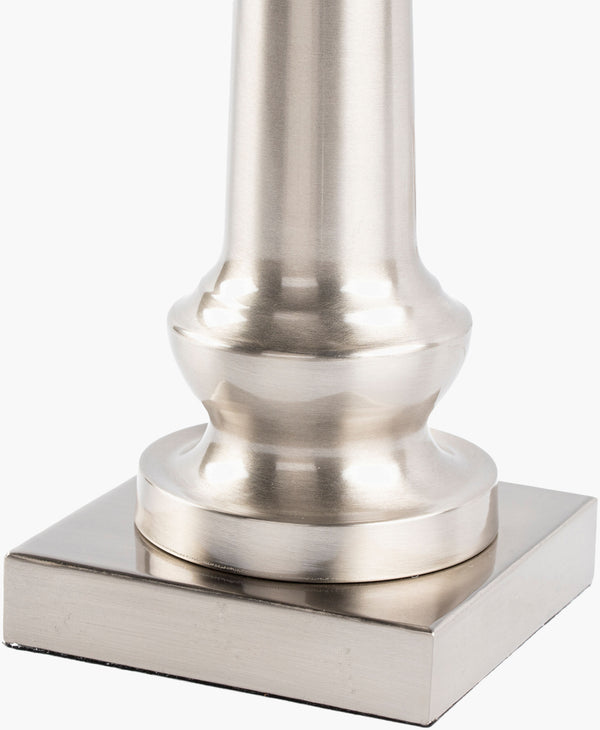 Surya New West Accent Table Lamp - 23" Elegant Metal Design With Linen Shade For Chic Home Ambiance Body, Metallic ,Nickel,Base, Metallic ,Nickel,Shade, White,Finial, Metallic ,Nickel,Harp, Metallic ,Nickel,Cord, Translucent Iron,Iron,Linen,Polyester,Iron Nws-001