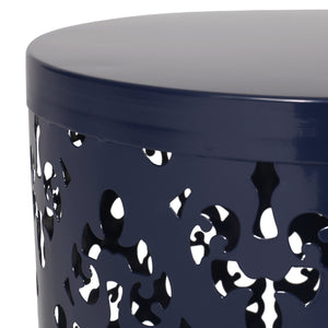 English Elm Metal Nesting End Table Set of Two with Floral Iron Cut Design for Living Room Navy Blue 73604.00NBLU
