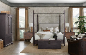 Hooker Furniture Big Sky Cal King Poster Bed With Charred Timber Finish, Linen-Upholstered Headboard & Bronze Canopy Beige 6700-90660-98