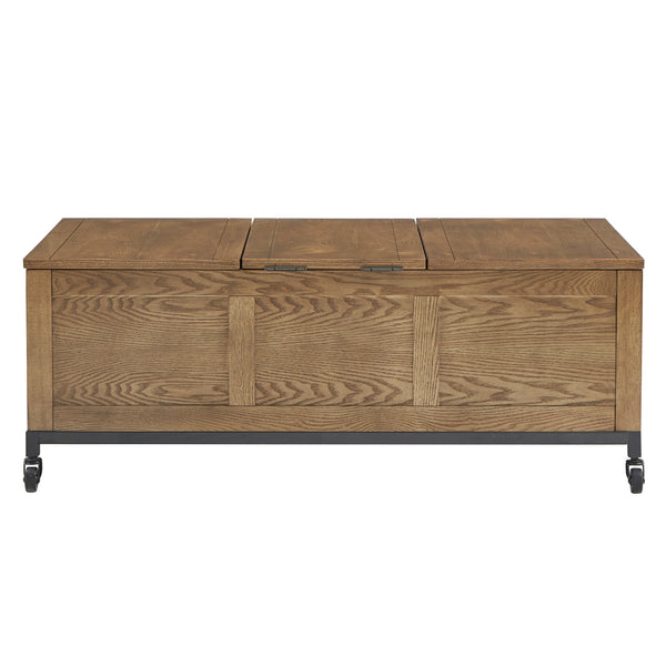 Homelegance By Top-Line Millie Trunk Rectangular Coffee Table with Tray and Iron Casters Oak MDF
