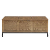 Homelegance By Top-Line Millie Trunk Rectangular Coffee Table with Tray and Iron Casters Oak MDF