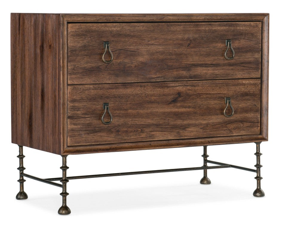 Hooker Furniture Big Sky Bachelors Chest With Pecky Hickory Veneer, Felt & Cedar Drawers, Turned Metal Legs, Power Dark Brown 6700-90017-85