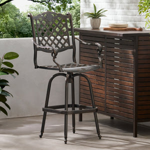English Elm Cast Aluminum Outdoor Barstool with Diamond Lattice Back and Cabriole Legs Swivel Seat 54393.00COP