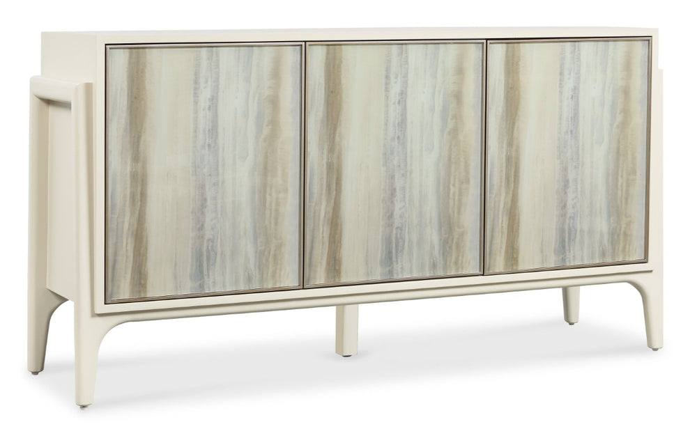 Hooker Furniture Hera Almond White Credenza With Reverse Painted Glass Doors, Soft-Close, Wine Storage & Cable Management 6052-10464-80
