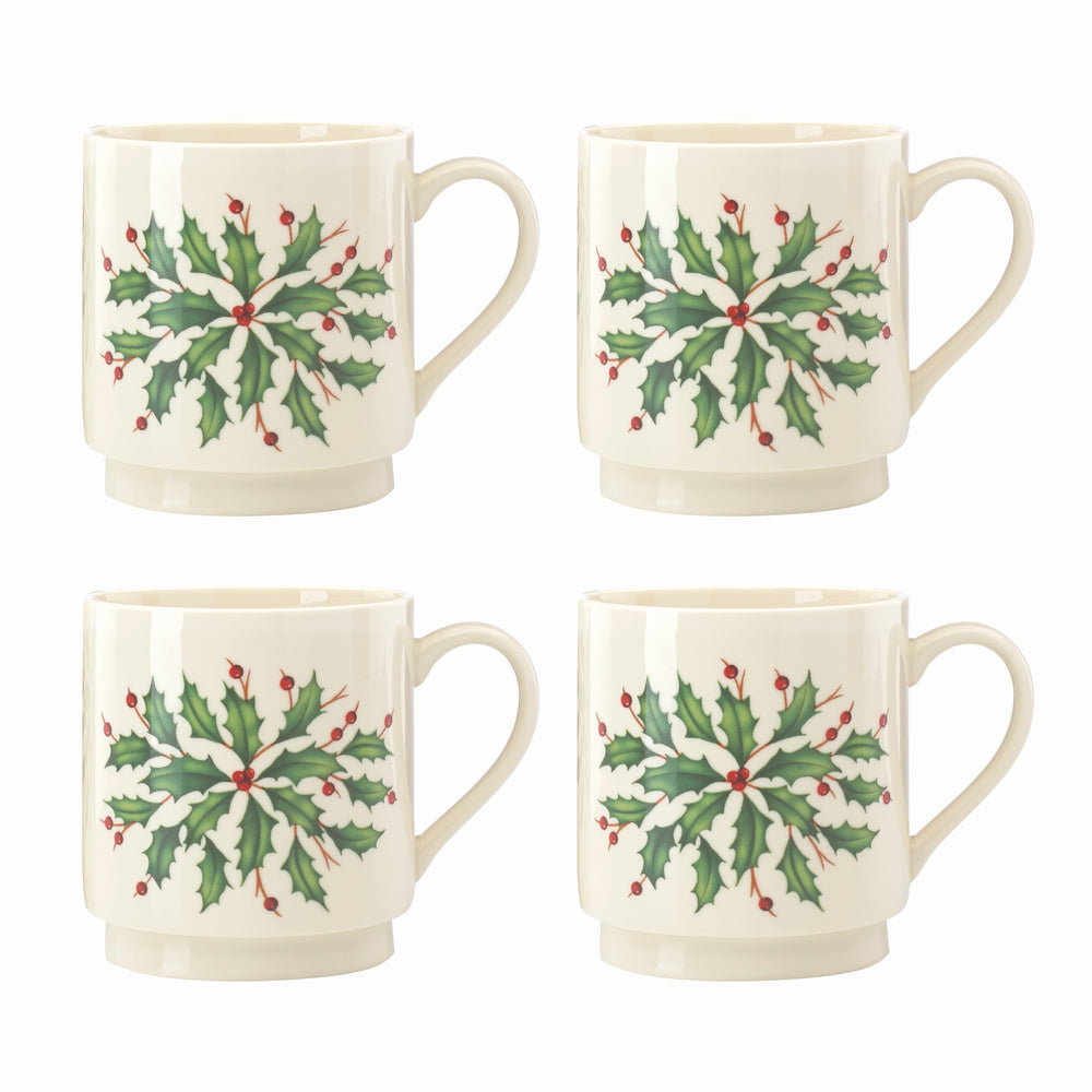 Lenox Hosting the Holidays 4-Piece Stackable Mug Set Red & Green, IVORY STONEWARE 853763