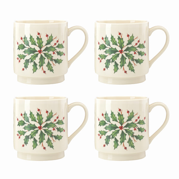 Lenox Hosting the Holidays 4-Piece Stackable Mug Set Red & Green, IVORY STONEWARE 853763