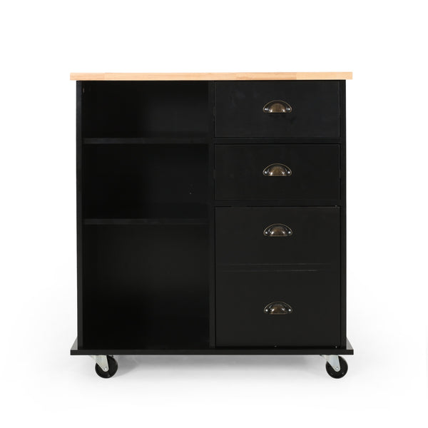 English Elm Christopher Knight Home® - Kitchen Island Cart with Rubberwood Top, Rolling Storage Cabinet with Drawers & Locking Casters Black 67757.00NATBLK