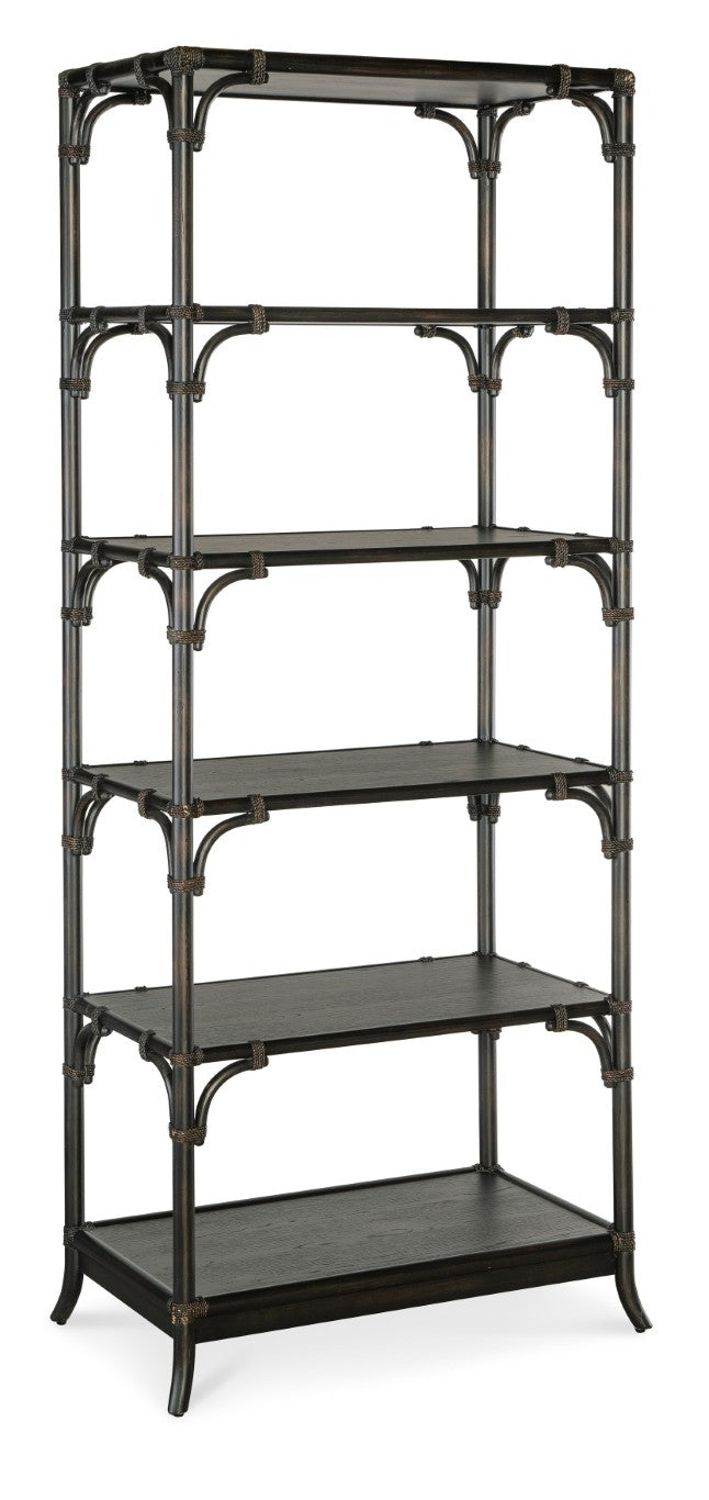 Hooker Furniture Retreat Pole Rattan Bookcase With Black Sand Oak Veneer, Rope Accents & Five Fixed Shelves For Display Dark Wood 6950-10445-99