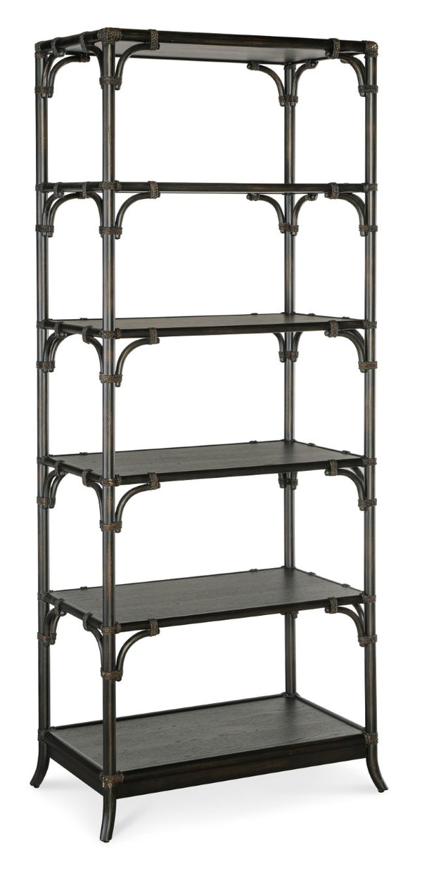 Hooker Furniture Retreat Pole Rattan Bookcase With Black Sand Oak Veneer, Rope Accents & Five Fixed Shelves For Display Dark Wood 6950-10445-99