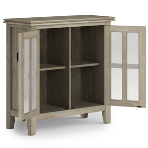 English Elm Artisan Low Storage Cabinet - Distressed Grey Wood, Glass Doors, Adjustable Shelves For Versatile Elegance B136P158394