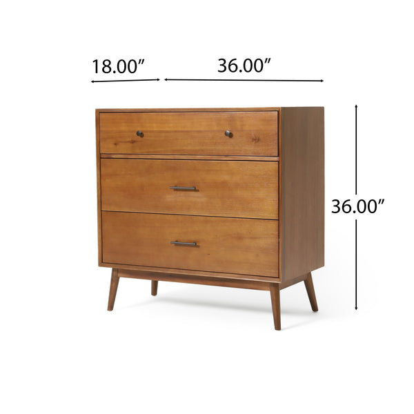 English Elm Christopher Knight Home® - Okioki Mid-Century 3-Drawer Dresser in Acacia Wood — Sturdy, Smooth-Glide Storage for Bedrooms Brown 67064.00MEDBRN