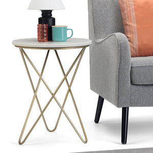 English Elm Gabon Marble Accent Table White Top with Gold Hairpin Legs — Modern End/Side Table, 18" H B136P159932