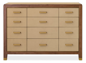 Hooker Furniture Melange Zurich 12 Drawer Chest Walnut Veneer Ivory Leather Brass Hardware Bedroom 628-90011-05
