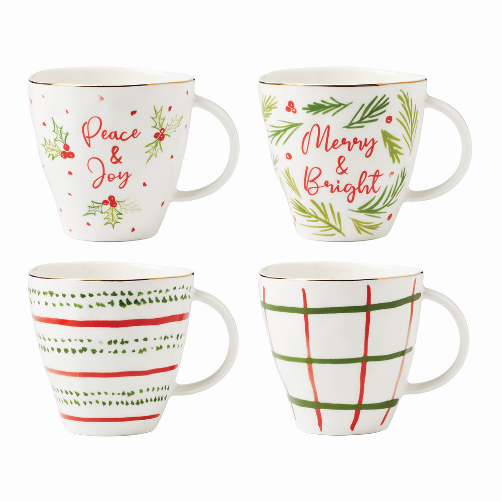 Lenox Bayberry Mugs, Set of 4 Red & Green, IVORY PORCELAIN 895261