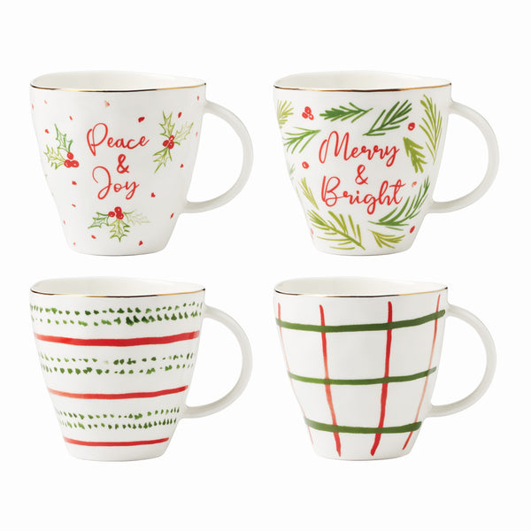 Lenox Bayberry Mugs, Set of 4 Red & Green, IVORY PORCELAIN 895261