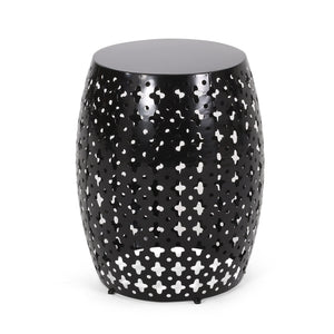English Elm Metal Barrel End Table Powder Coated Iron Geometric Cut Indoor Outdoor Accent 73609.00BLK
