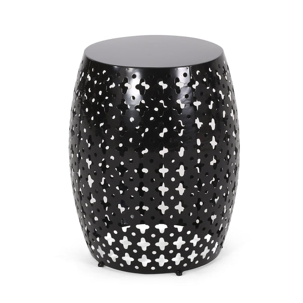 English Elm Metal Barrel End Table Powder Coated Iron Geometric Cut Indoor Outdoor Accent 73609.00BLK