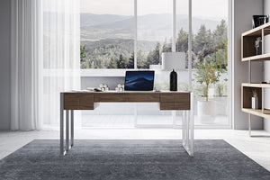 VIG Furniture Orcutt Modern Walnut Desk With Stainless Steel Legs, 4 Soft-Closing Drawers, Spacious Knee Room VGBBMQ2003-DESK