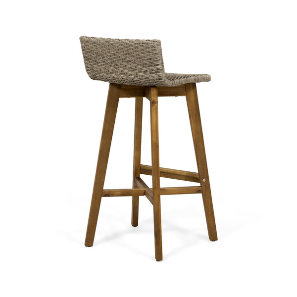 English Elm Christopher Knight Home® - LA La Brea Acacia Wood & Wicker Barstool Set of 2 — Outdoor Faux Rattan Seats with Iron X-Stretcher Frame Brown 65431.00LBRN