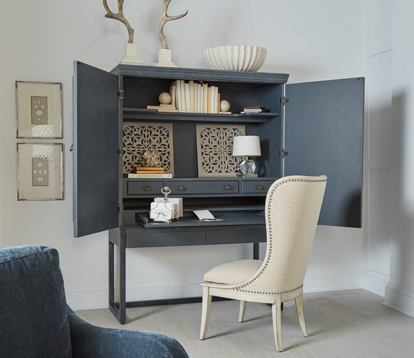 A.R.T. Furniture Alcove Secretary Desk: Stylish Slate Finish, Burnished Brass Accents, Ample Storage & Workspace Solution Blue Acacia Solids,Maple Veneers,Iron 321160-2821