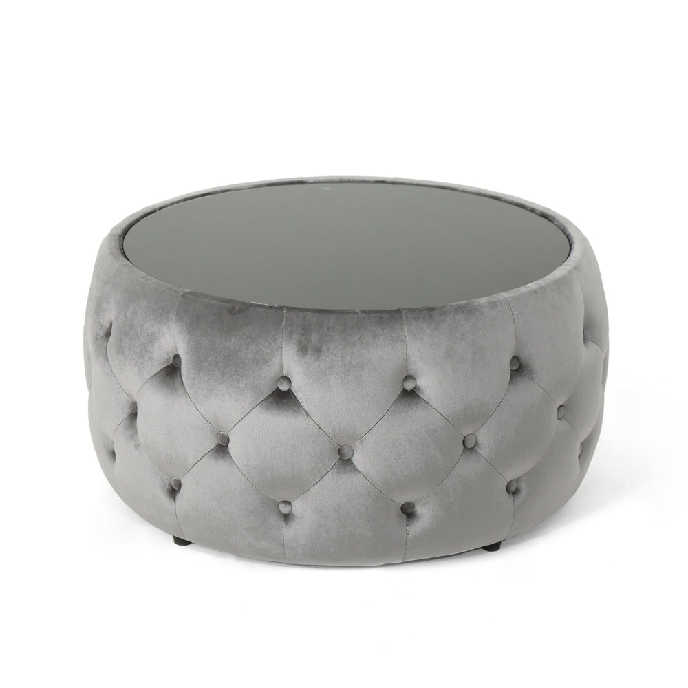 English Elm Ottoman Round Velvet Tufted Diamond Stitch Glass Top Modern Glam Living Room Accent 62732.00SMOK
