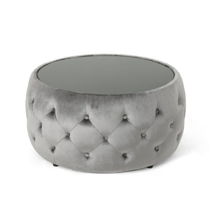 English Elm Ottoman Round Velvet Tufted Diamond Stitch Glass Top Modern Glam Living Room Accent 62732.00SMOK