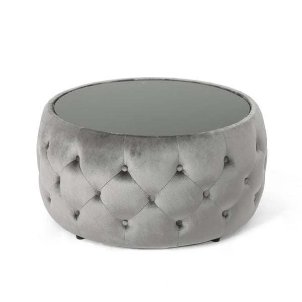 English Elm Ottoman Round Velvet Tufted Diamond Stitch Glass Top Modern Glam Living Room Accent 62732.00SMOK