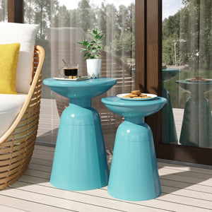 English Elm Serenita Outdoor Powder Coated Iron Pedestal Side Tables Sculptural Flared Set of Two Teal 73614.00T