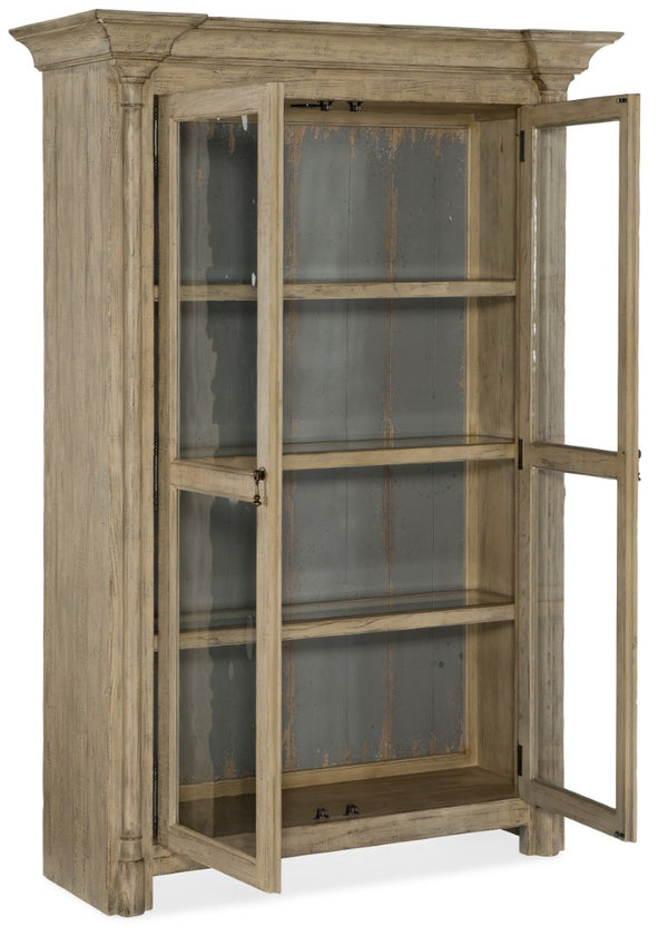 Hooker Furniture Ciao Two-Door Display Cabinet Natural Finish — European Farmhouse Charm, Beveled Glass, Burnished Brass Pulls, Adjustable Shelves 5805-75906-85