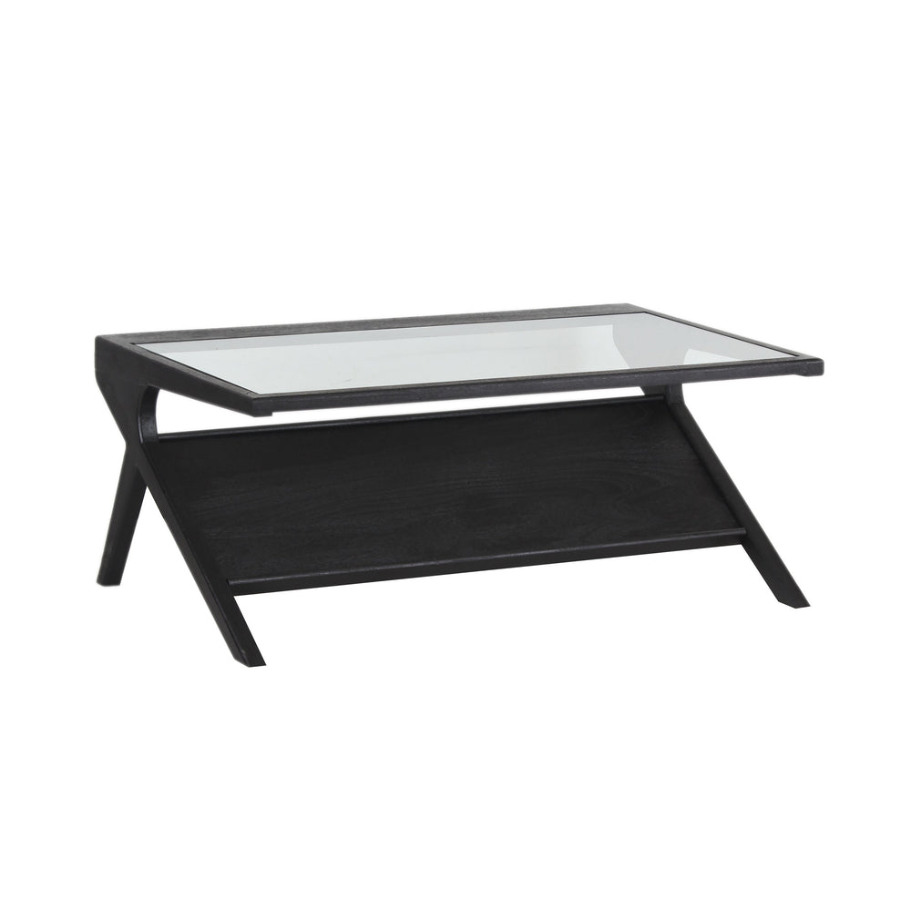 Porter Designs Porter Canberra Coffee Table - Solid Black Mango Wood With Glass Top, Modern Architectural Design Black Wood 05-108-02-9487