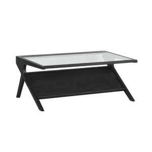 Porter Designs Porter Canberra Coffee Table - Solid Black Mango Wood With Glass Top, Modern Architectural Design Black Wood 05-108-02-9487