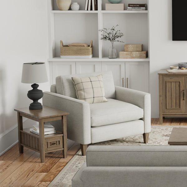 English Elm Lev Narrow End Table Smoky Brown - Handcrafted Solid Wood, Drawer & Open Shelf, Transitional Style B136P158814