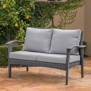 English Elm Christopher Knight Home® - HONOLULU Loveseat Grey Silver PE Rattan Patio Sofa with Iron Frame, Waterproof Cushions, Compact 44.25"L 52919.00IRNGRY