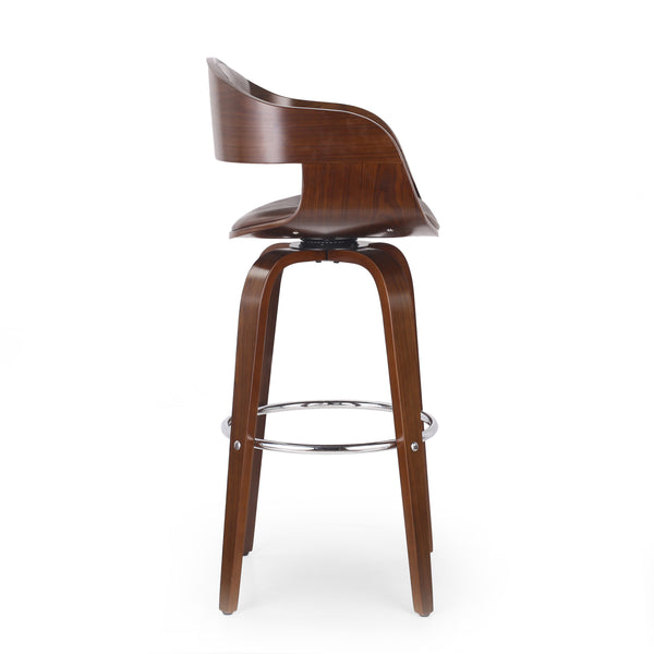 English Elm Christopher Knight Home® - BAR STOOL Mid-Century Modern Faux Leather Swivel with Walnut Veneer Frame and Chrome Footrest Dark Brown 67494.00PUDBRN
