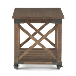 English Elm Harding End Table - Rustic Industrial Charm In Distressed Dark Brown With Caster Wheels & Storage B136P158678