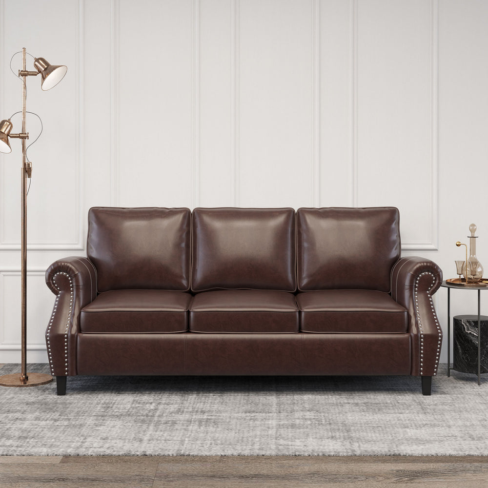 English Elm 3 Seater Pu Leather Sofa with Nailhead Trim Tapered Birch Legs for Modern Living 71405.00PUDBRN