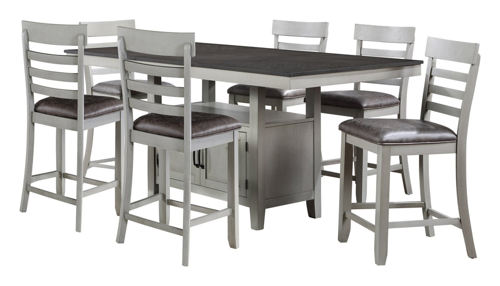 English Elm Steve Silver - Hyland 7-Piece Counter Dining Set in Pearl Silver & Stone Gray – Extendable 60–80" Chevron Top, Durable Upholstery B081S00325