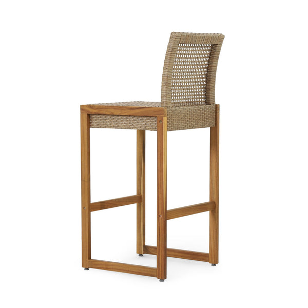 English Elm Christopher Knight Home® - ELON Outdoor Wicker Barstools Set of 2 – Acacia Wood Frame, Faux Rattan, Teak Finish, 400 lb Capacity 70422.00MLBRN