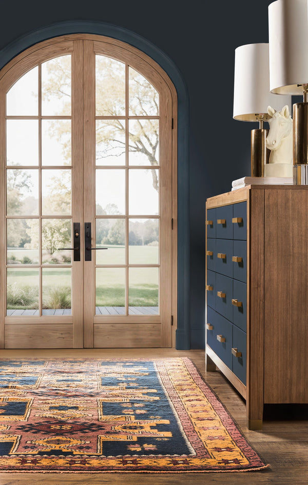 Hooker Furniture Melange Geneva 12 Drawer Walnut Chest with Navy Leather Fronts and Brass Pulls 628-90011-45