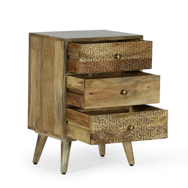 English Elm Christopher Knight Home® - 3 Mango Wood 3-Drawer Bedside Nightstand with Carved Geometric Texture, Boho Handcrafted Accent 71753.00