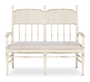Hooker Furniture Americana Farmhouse Dining Bench With Distressed White Oak Finish, Spindle Back And Linen-Look Seat For Durable Comfort 27.00 L x 50.00W x 42.25H 7050-75019-02