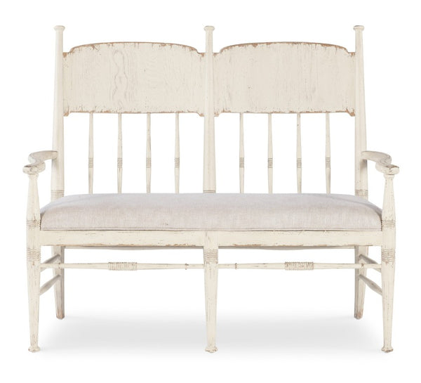Hooker Furniture Americana Farmhouse Dining Bench With Distressed White Oak Finish, Spindle Back And Linen-Look Seat For Durable Comfort 27.00 L x 50.00W x 42.25H 7050-75019-02
