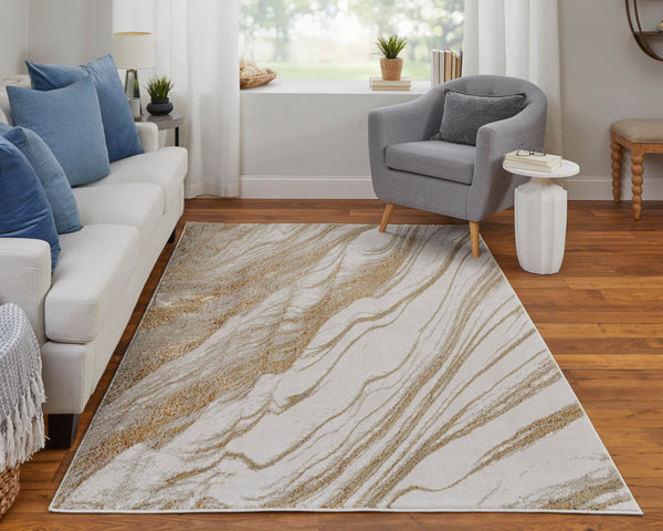 Feizy Rugs Aura Contemporary High-low Pile Abstract Rug In Gold And Champagne - Durable Machine Made Design Ivory,Taupe,Gold Polyester,Polypropylene Aur39llfivyglde10