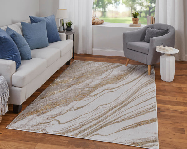 Feizy Rugs Aura Contemporary High-low Pile Abstract Rug In Gold And Champagne - Durable Machine Made Design Ivory,Taupe,Gold Polyester,Polypropylene Aur39llfivyglde10