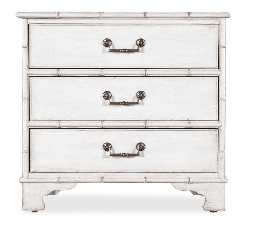 Hooker Furniture Charleston Coastal Colonial Three-Drawer Nightstand In White Heron With Antique Pewter Pulls, Bamboo Trim 6750-90117-06