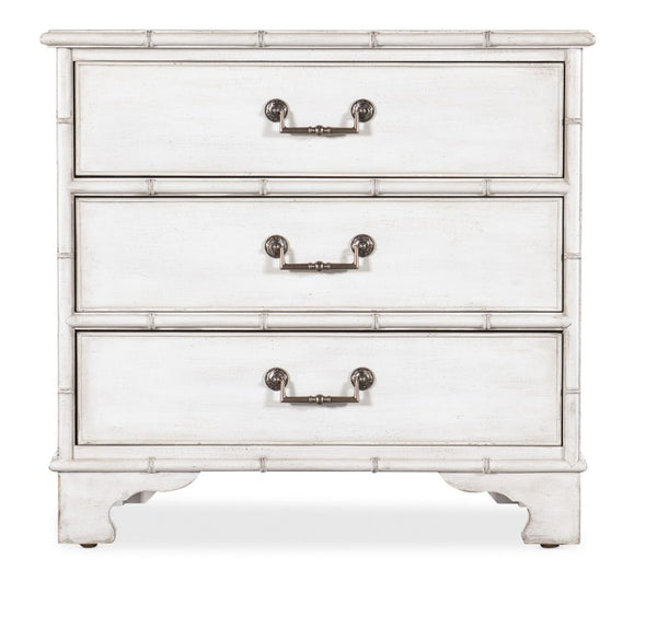 Hooker Furniture Charleston Coastal Colonial Three-Drawer Nightstand In White Heron With Antique Pewter Pulls, Bamboo Trim 6750-90117-06